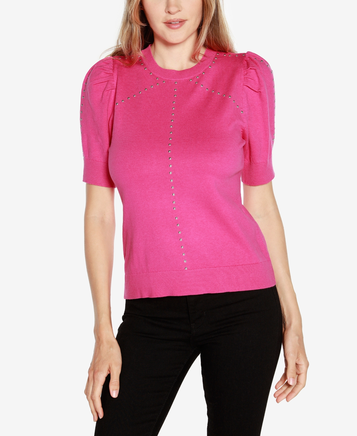 Belldini Women's Short Puff-sleeve Embellished Sweater In Roseberry