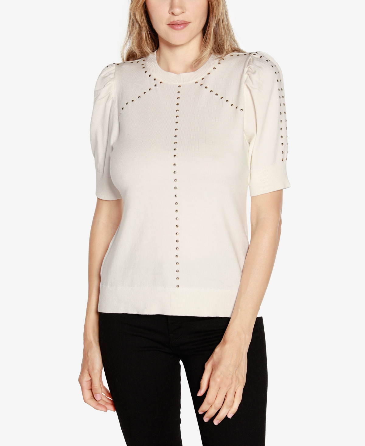 Belldini Women's Short Puff-sleeve Embellished Sweater In Winter White