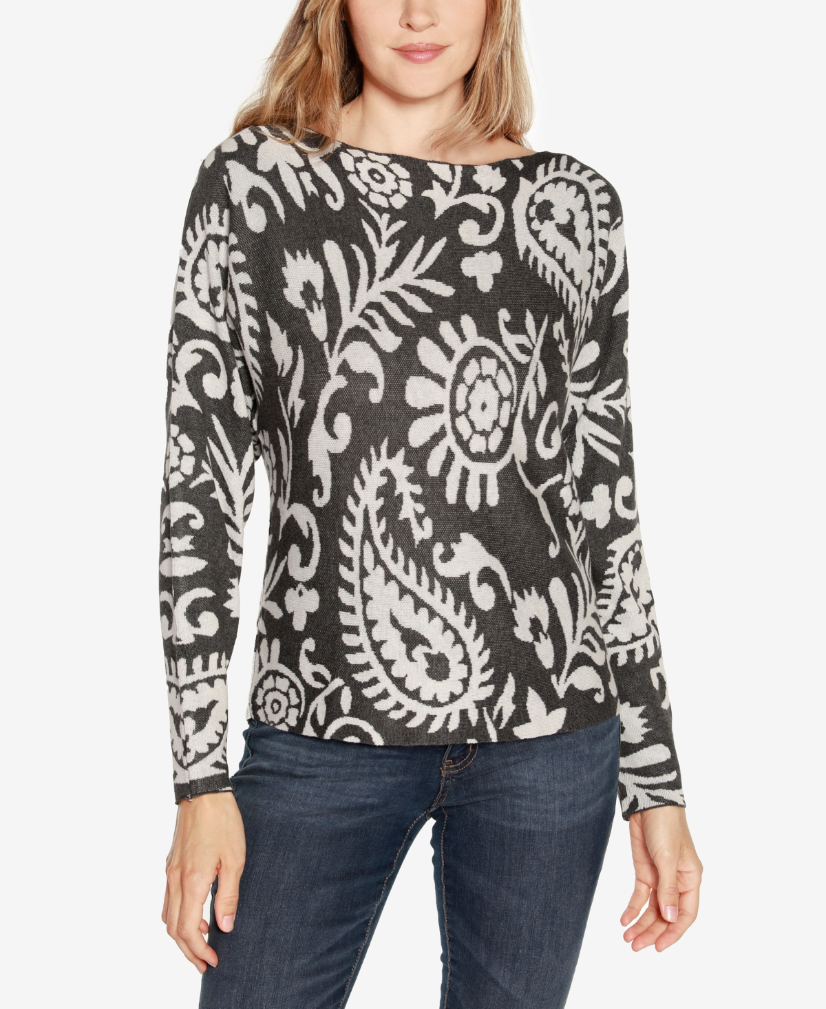 Belldini Women's Dolman Sleeve Paisley Sweater In Heather Charcoal