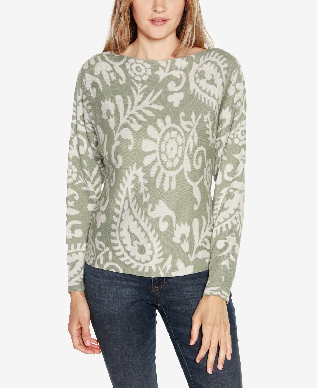 Belldini Women's Dolman Sleeve Paisley Sweater In Sage