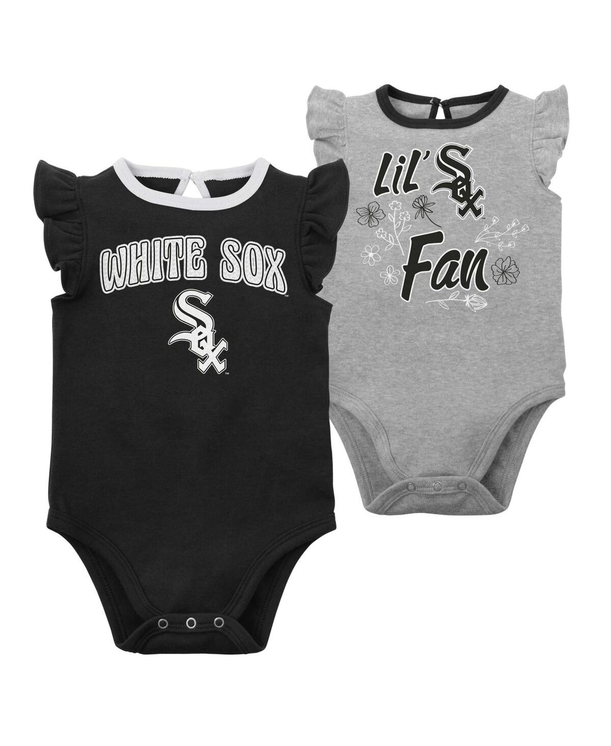 OUTERSTUFF GIRLS NEWBORN AND INFANT BLACK, HEATHER GRAY CHICAGO WHITE SOX LITTLE FAN TWO-PACK BODYSUIT SET