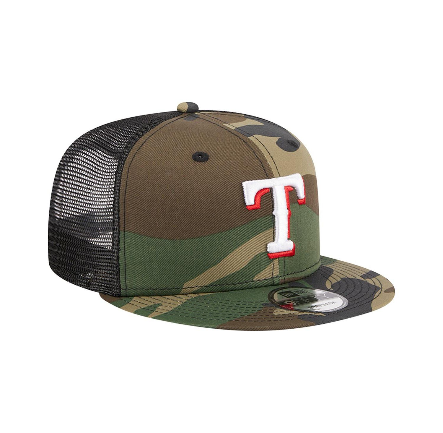 Men's Camo Texas Rangers Woodland Camo Trucker 9FIFTY Snapback Hat