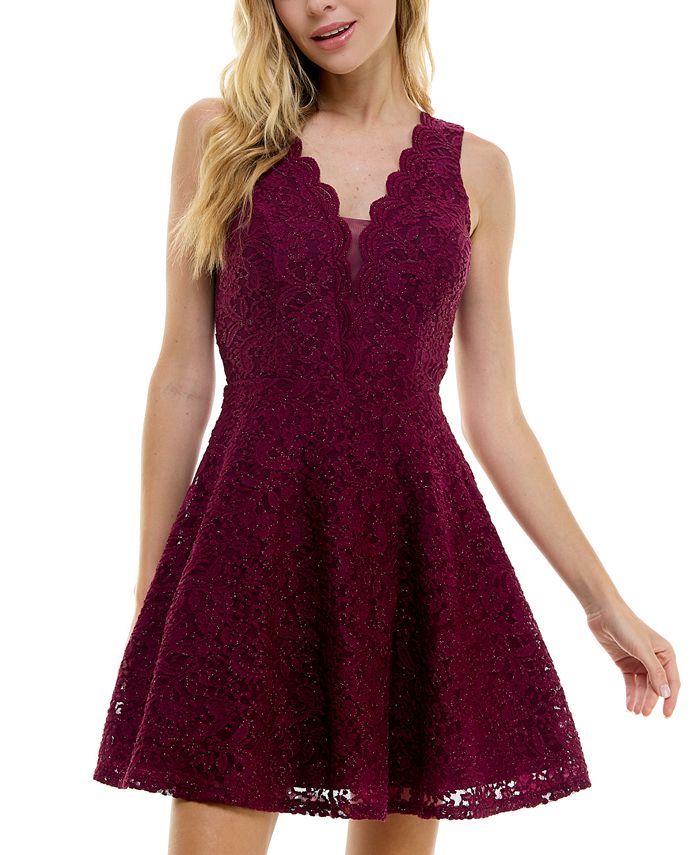 City Studios Juniors' V-Neck Glitter Lace Dress - Sparkling Sherry - Size 13