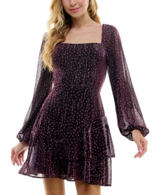 City Studios - Juniors' Square-Neck Puff-Sleeve Metallic Dress