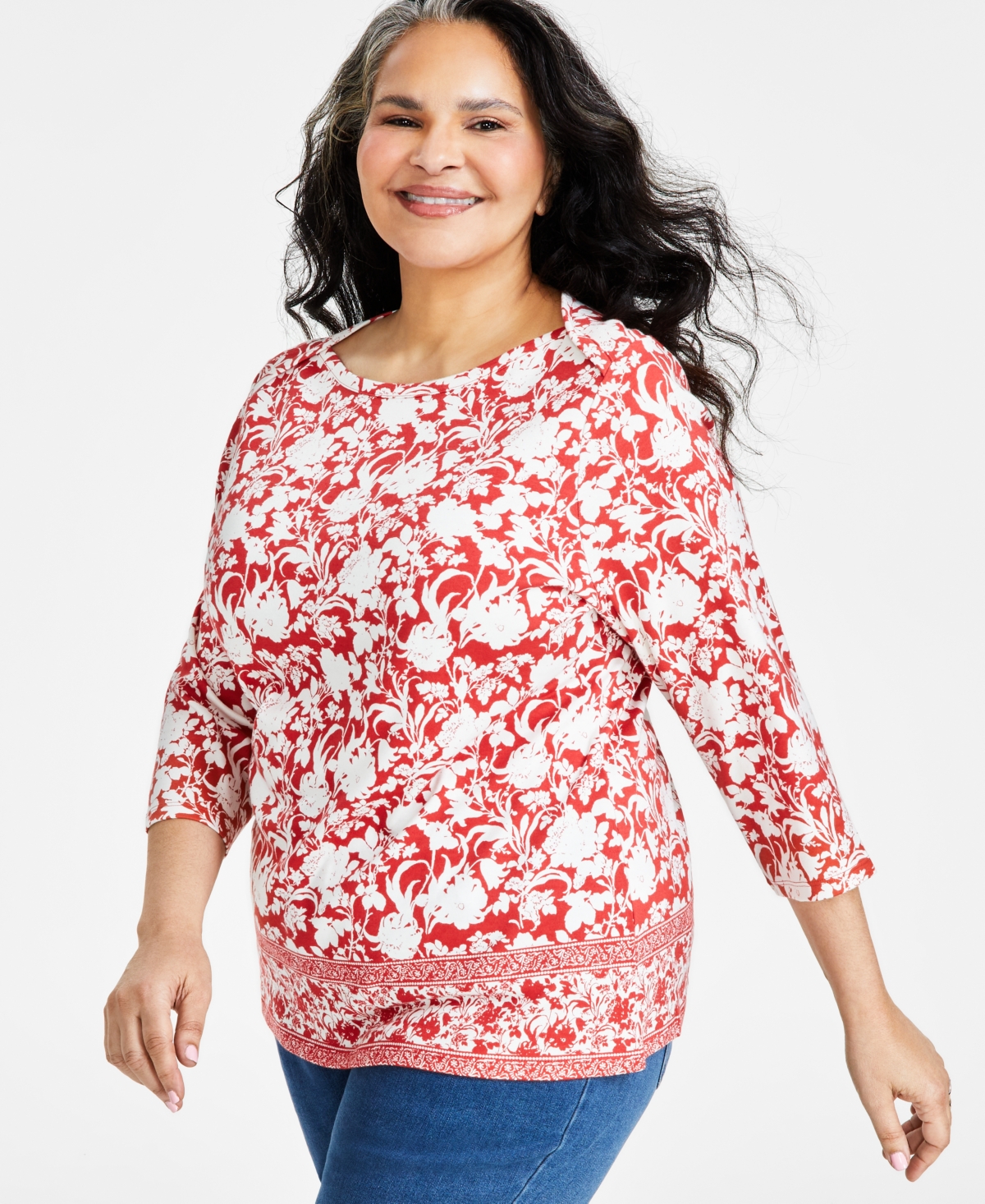 Style & Co Plus Size Printed Pima Cotton 3/4-sleeve Top, Created For Macy's In Delicate Border