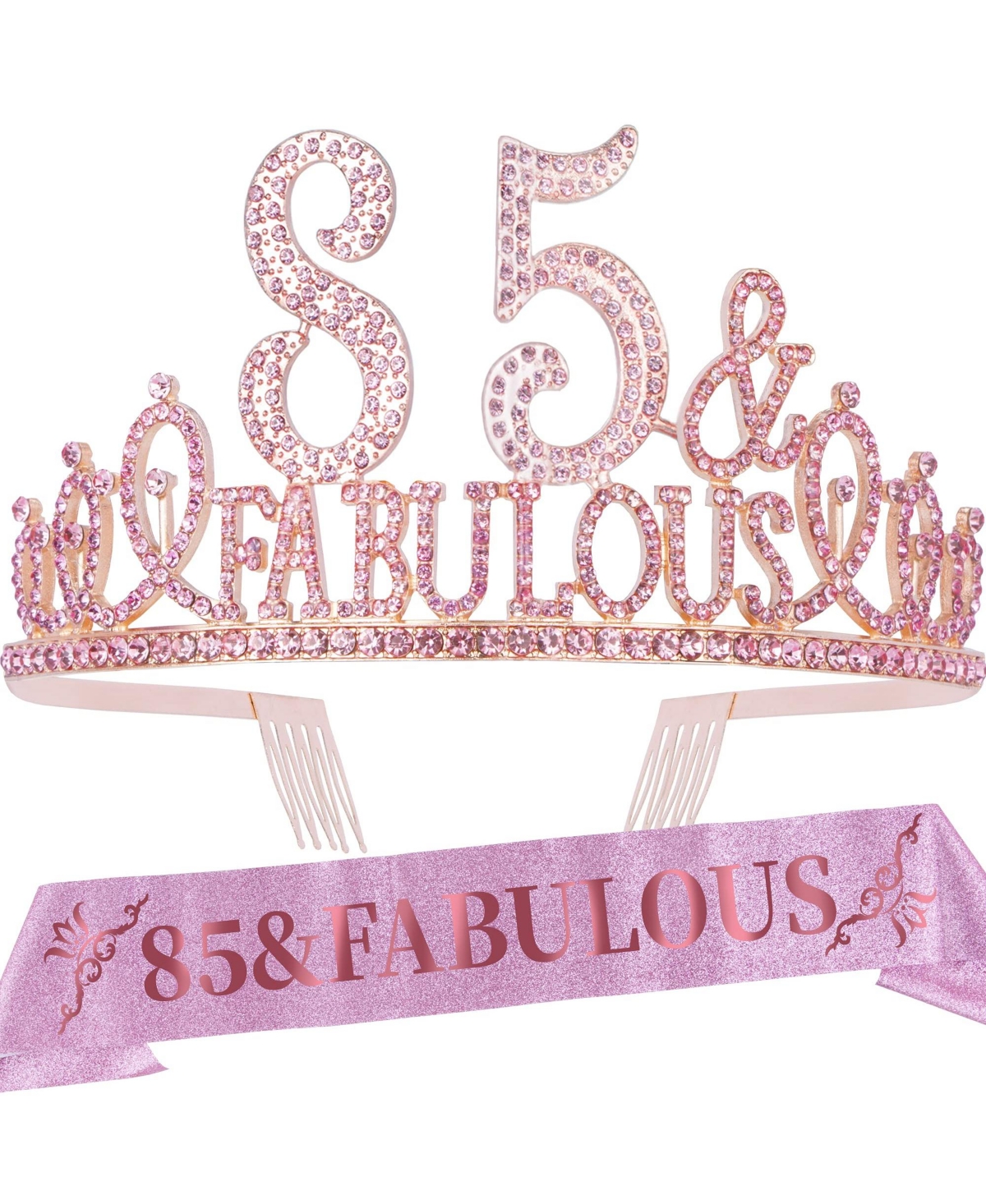 85th Birthday Sash and Tiara for Women, Elegant Party Favors and Gifts, Queen-Themed Celebration Decorations, Milestone Year Crown and Sash Set - Pink