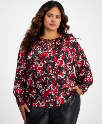 Bar III - Plus Size Floral-Print Peasant Blouse