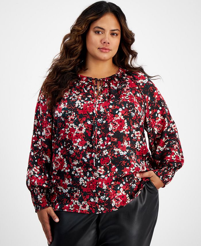 Bar III Plus Size Floral-Print Peasant Blouse, Created for Macy's - Macy's