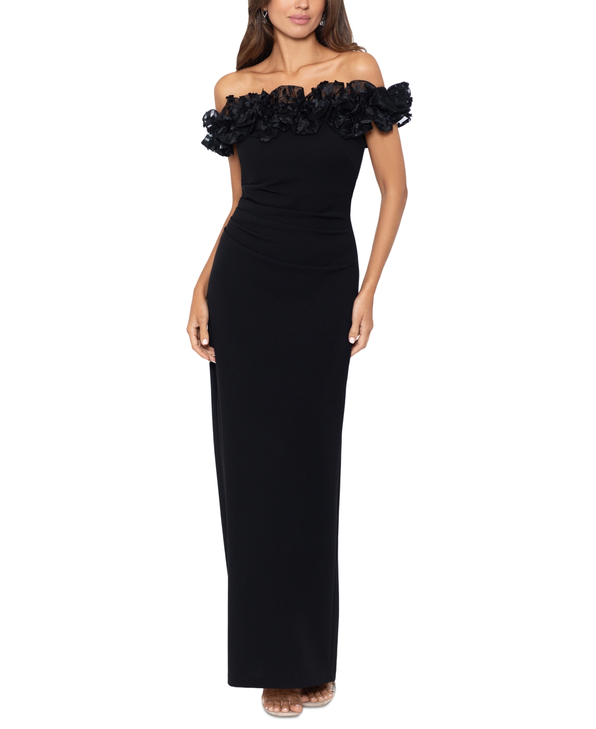 Xscape Women's Floral Ruffled Off-the-shoulder Gown In Black