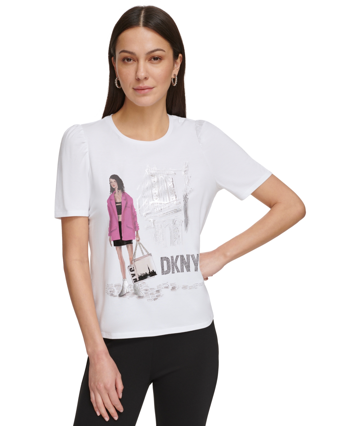 Dkny Women's Two Girl Graphic-front Puff-sleeve Tee In Pink Jacket