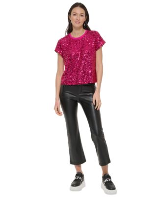 DKNY - Women's Sequined Short-Sleeve Crewneck Top