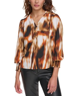 Calvin Klein - Petite Printed Long-Sleeve V-Neck Top