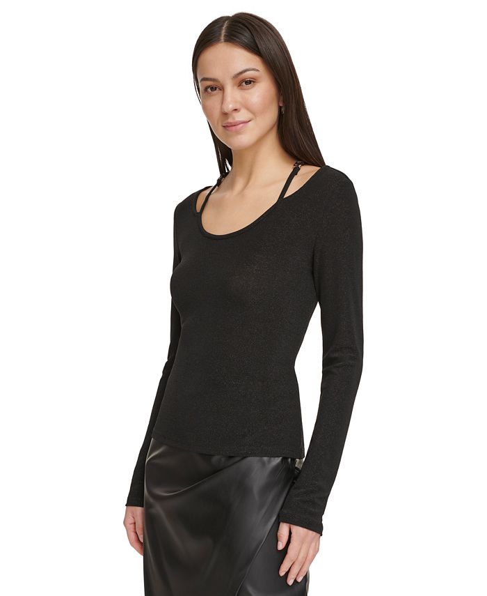 DKNY Women's MetallicKnit ScoopNeck LongSleeve Top Macy's
