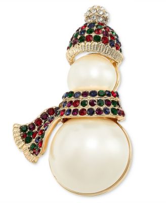 Holiday Lane - Gold-Tone Multicolor Pav&eacute; & Imitation Pearl Snowman Pin