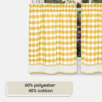 2 Piece Country Farmhouse Buffalo Plaid Rod Pocket Cafe Tier Curtain Panels With Macrame Border