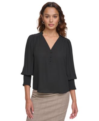 Calvin Klein - Women's V-Neck Smocked-Cuff Blouse