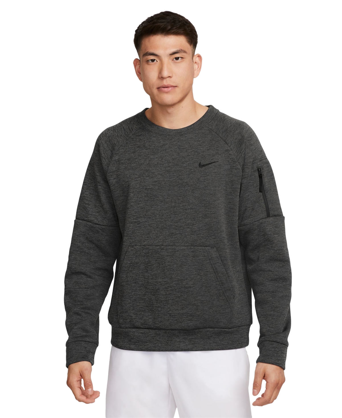 Shop Nike Men's Therma-fit Crewneck Long-sleeve Fitness Shirt In Charcoal Heathr,black