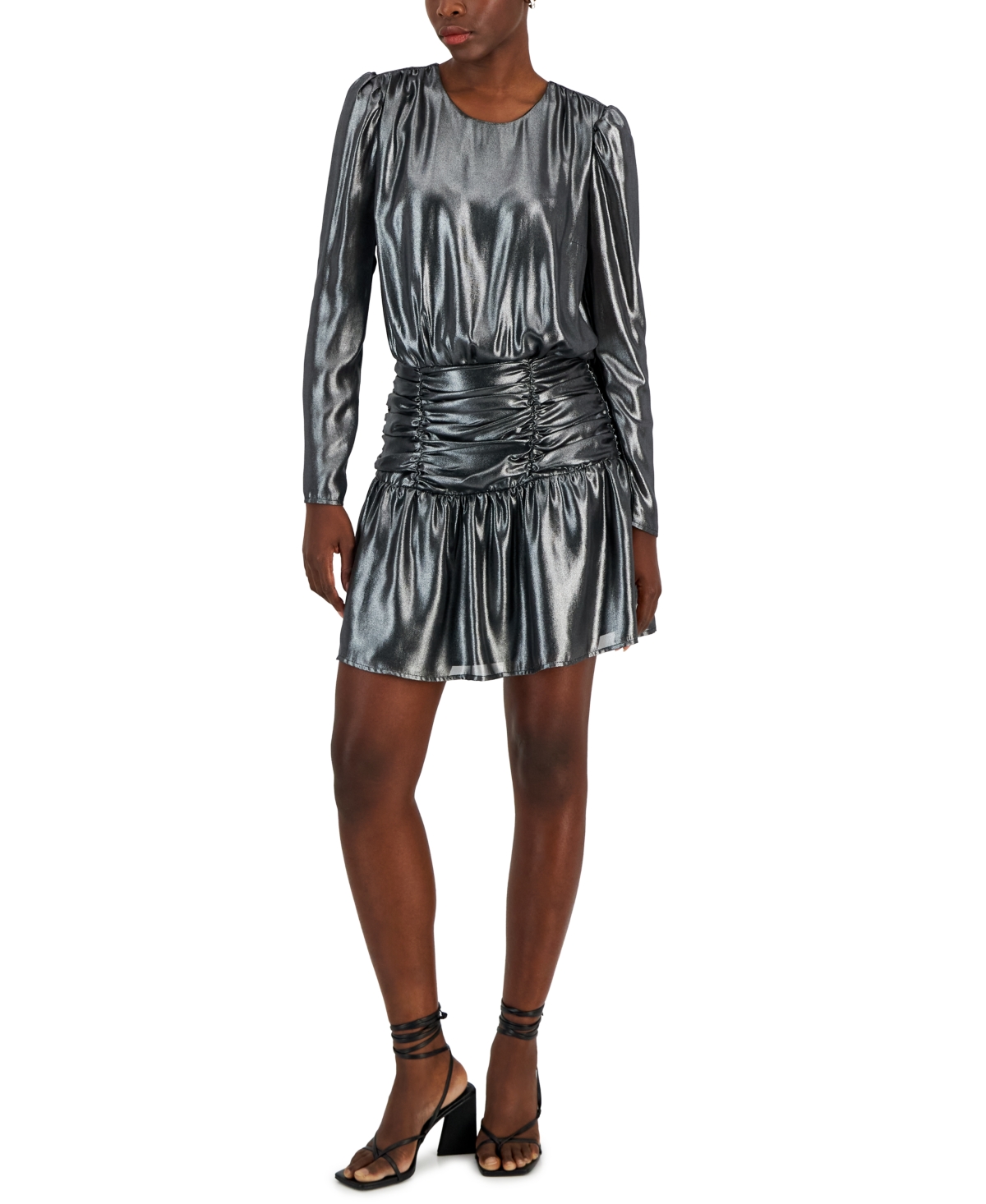 Bar Iii Women's Metallic Lame Blouson Mini Dress, Created For Macy's In Silver