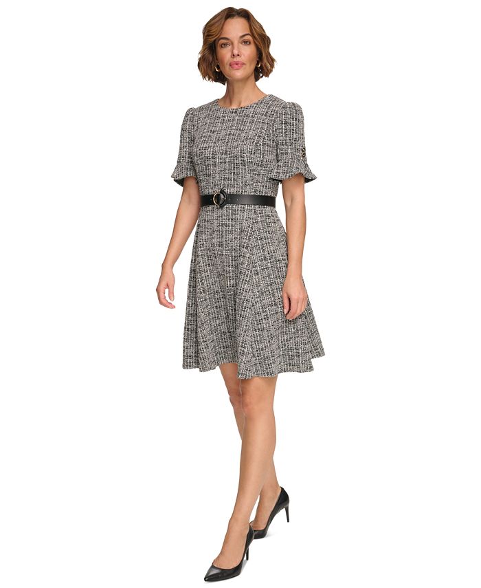 DKNY Women's Textured-Knit Belted Fit & Flare Dress - Macy's