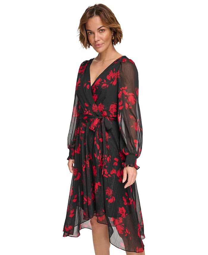 DKNY Petite Printed Faux-Wrap Fit & Flare Dress - Macy's