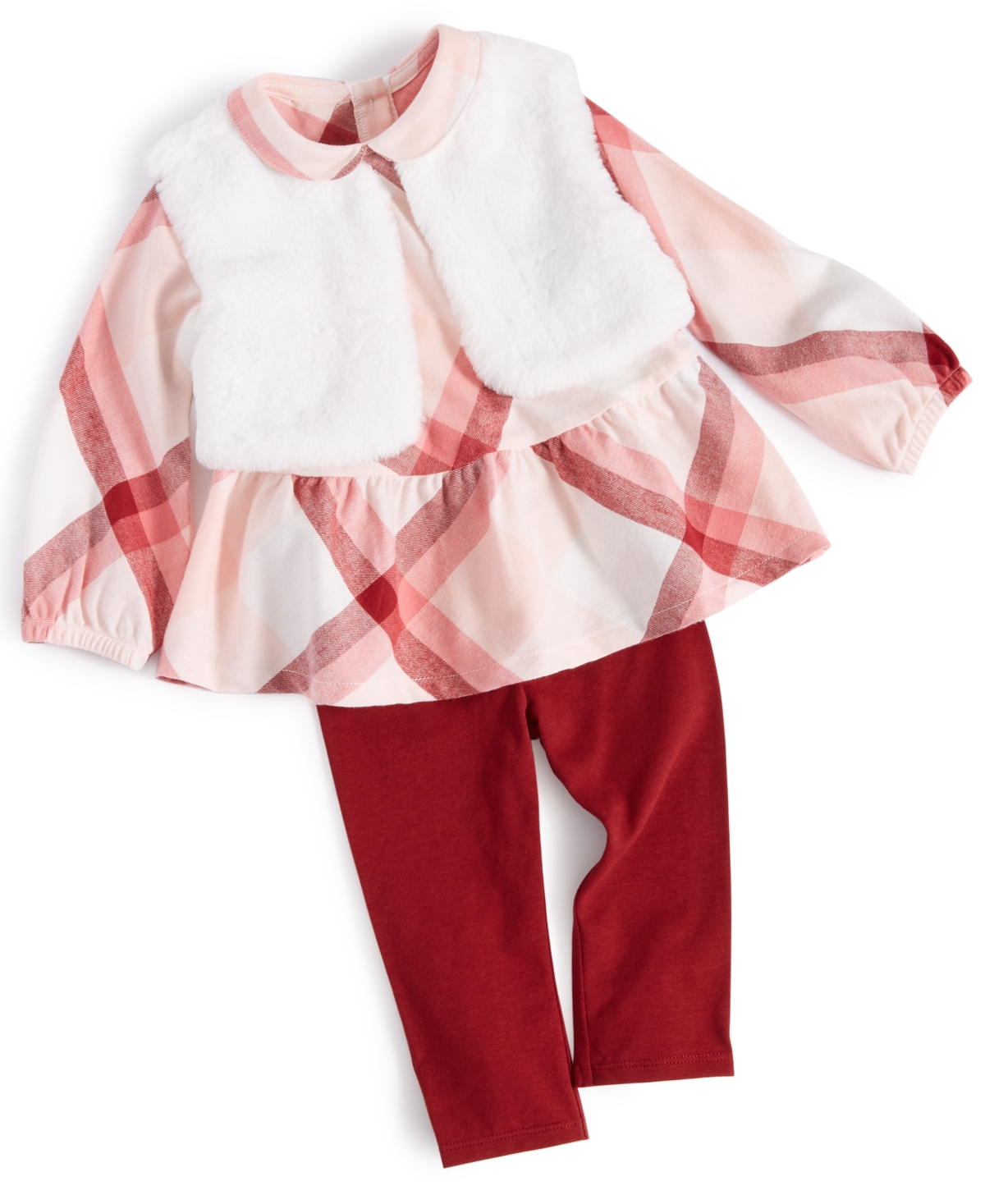 First Impressions Baby Girls Faux Fur Vest, Flannel Top And Pants, 3 Piece Set, Created For Macy's In Scarlet Crush