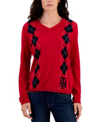 Tommy Hilfiger - Women's Cotton Argyle Logo V-Neck Sweater