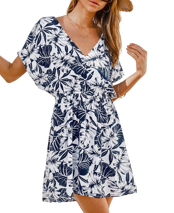 CUPSHE Women's Tropical Leaf Print Short Sleeve Mini Cover Up Dress