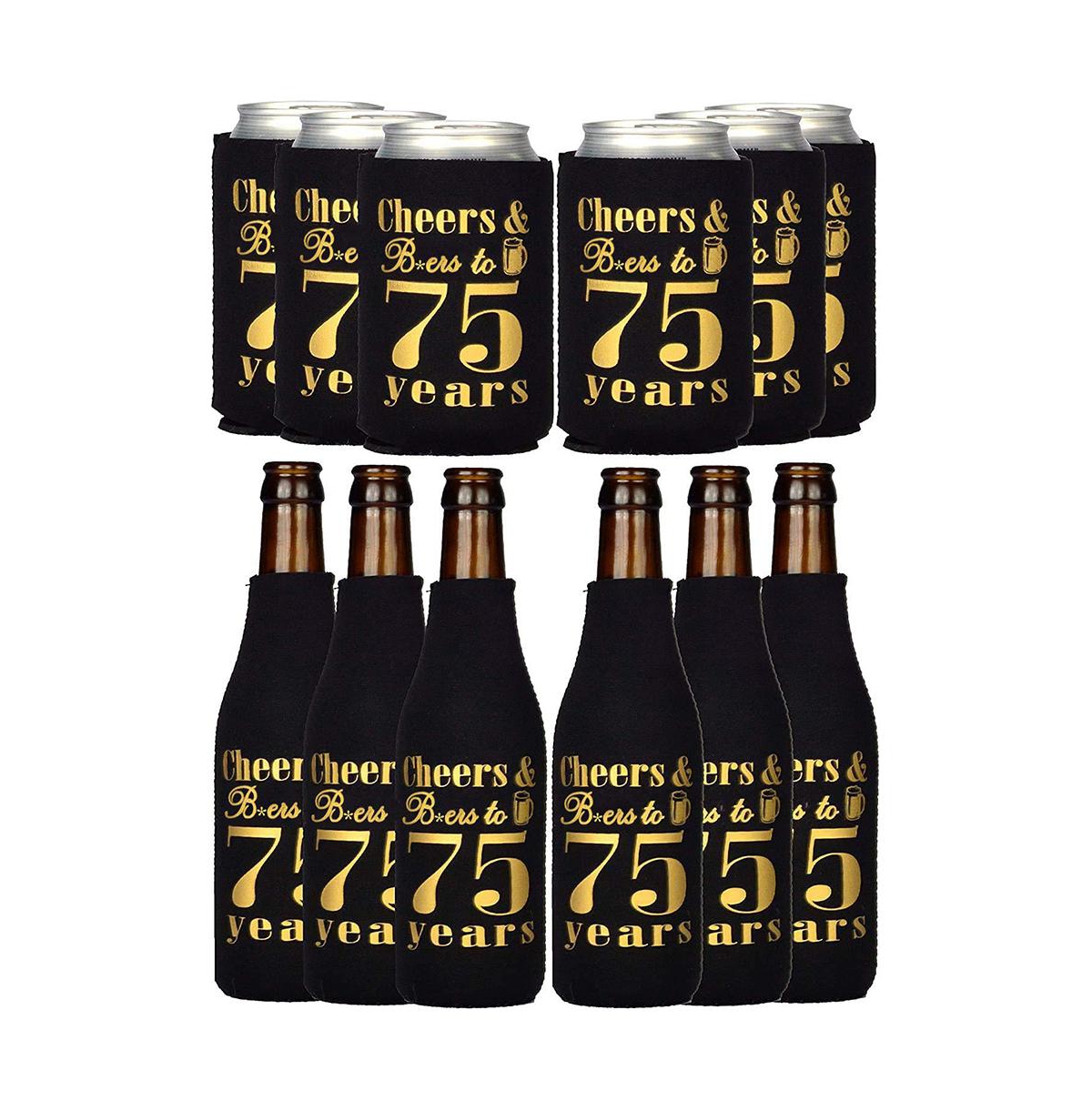 Men's 75th Birthday Black & Gold Neoprene Can Coolers - Insulated Bottle Sleeves for Beer & Soda - Slim, Classy Design Personalized Party Favors - Bla