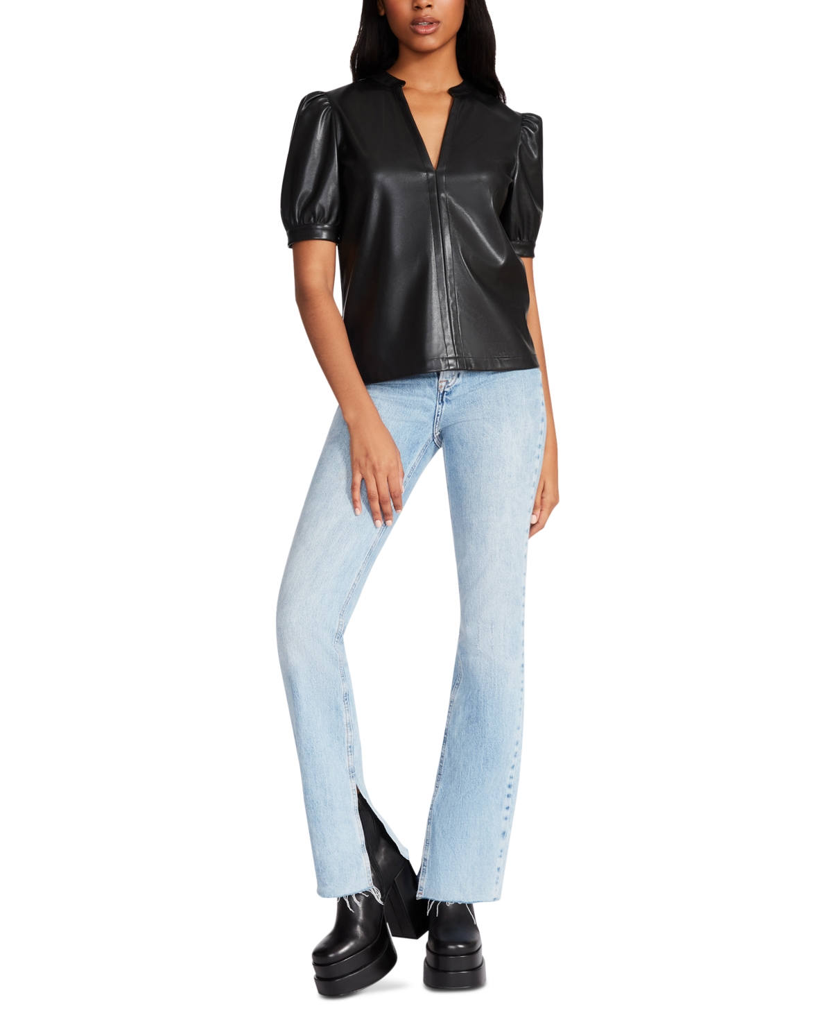 Steve Madden Jane Puff Sleeve Faux Leather Top