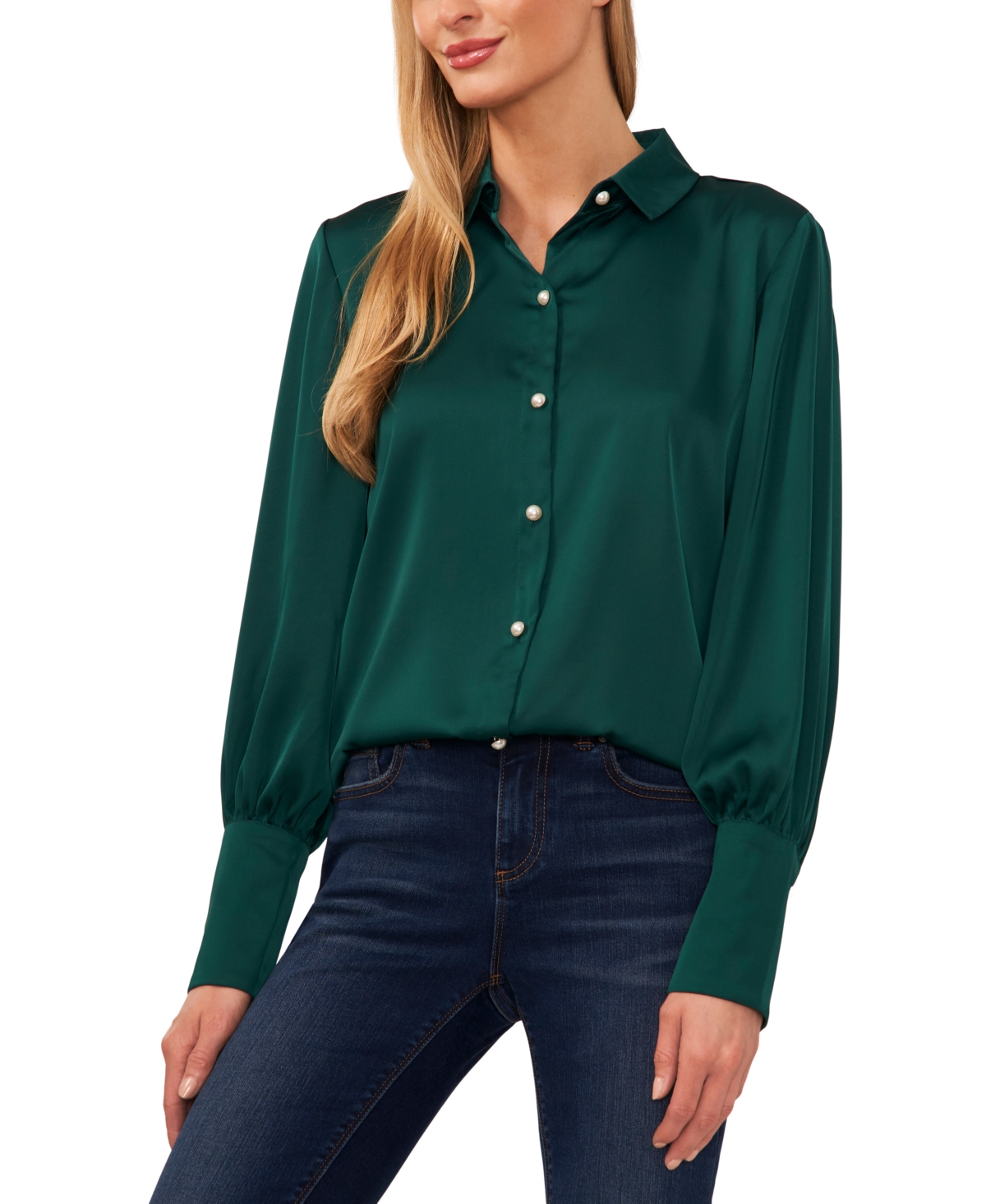 Cece Pearly Button Satin Top In Dark Forest
