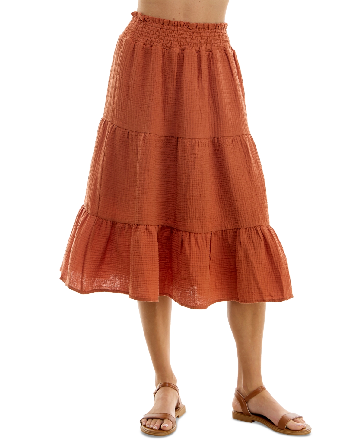 No Comment Juniors' Cotton Gauze Tiered Midi Skirt In Baked Clay