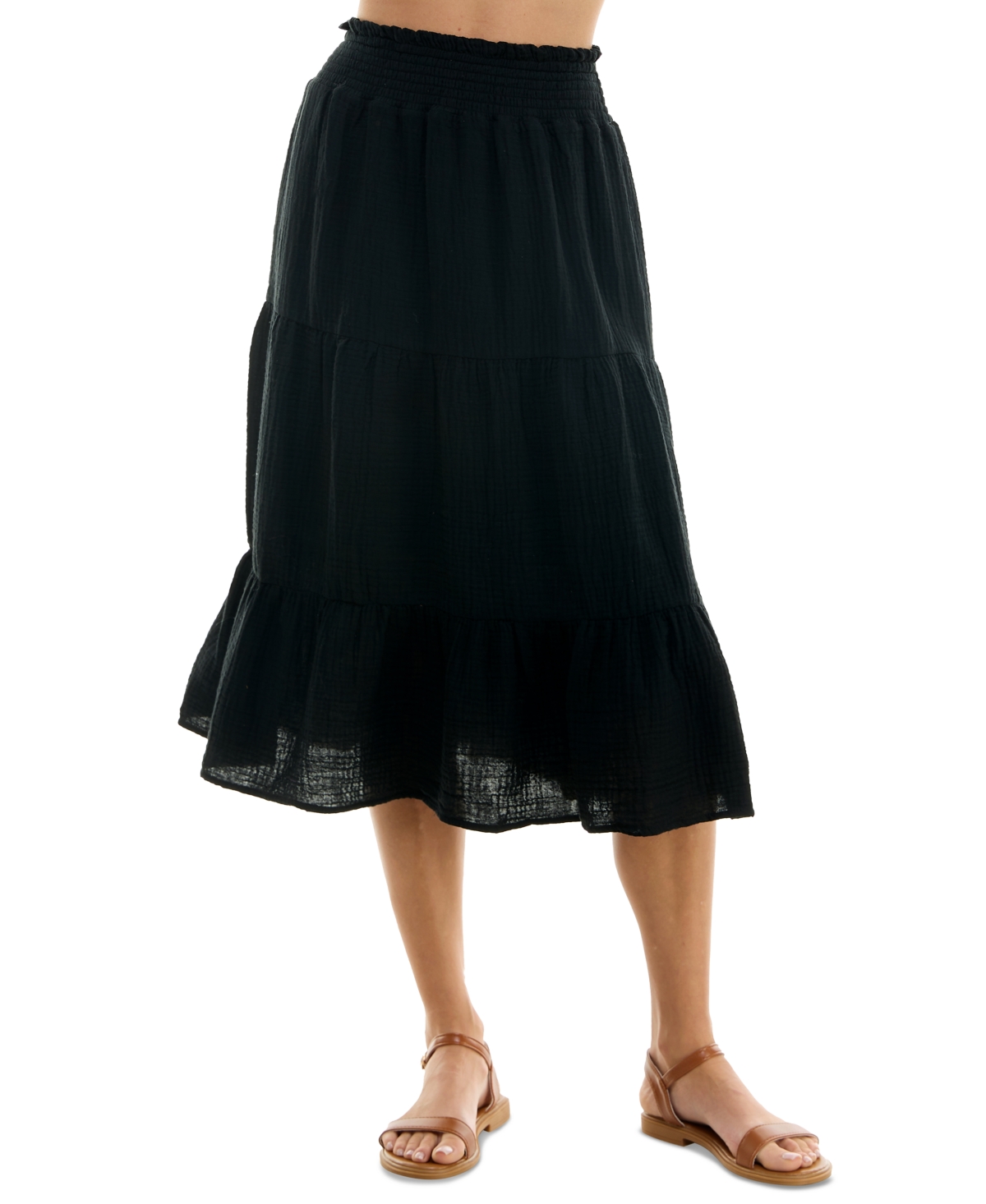 No Comment Juniors' Cotton Gauze Tiered Midi Skirt In Black