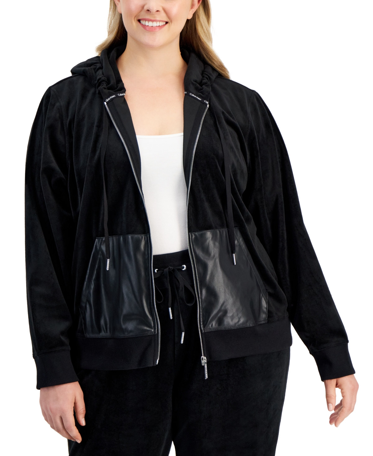Calvin Klein Plus Size Hooded Faux-leather-pocket Zip Jacket In Black