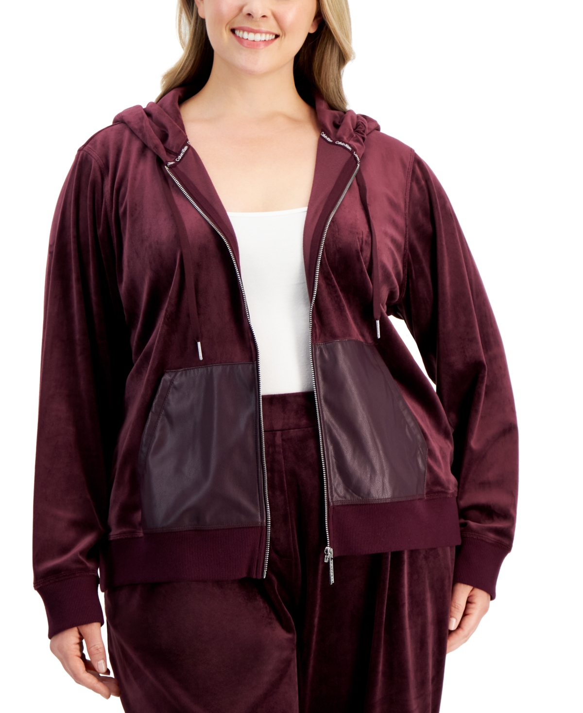 Calvin Klein Plus Size Hooded Faux-leather-pocket Zip Jacket In Port