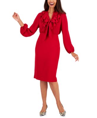 Womens Long Sleeve Ruffled Collar Tie Front Top Stretch Crepe Skimmer Midi Pencil Skirt