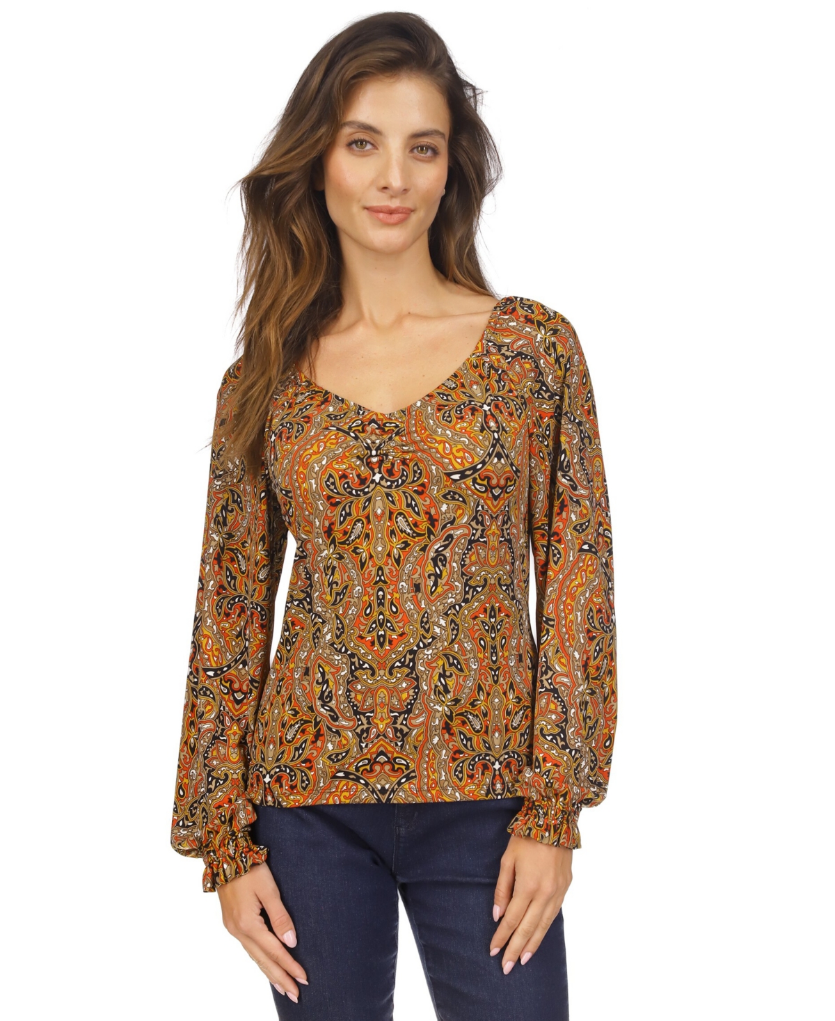 Michael Kors Michael  Women's Paisley Ruched Ruffled-cuff Top In Bright Terracotta