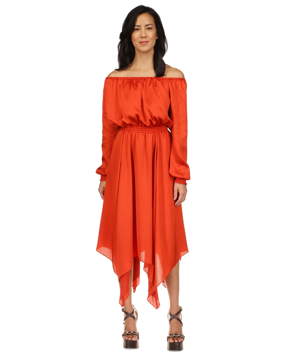 Michael Kors Michael  Women's Off-the-shoulder Handkerchief-hem Dress, Regular & Petite In Bright Terracotta