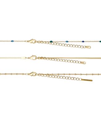 14K Gold Plated Elephant and Blue Enamel Beads Layered Necklace Set, 3 Pieces