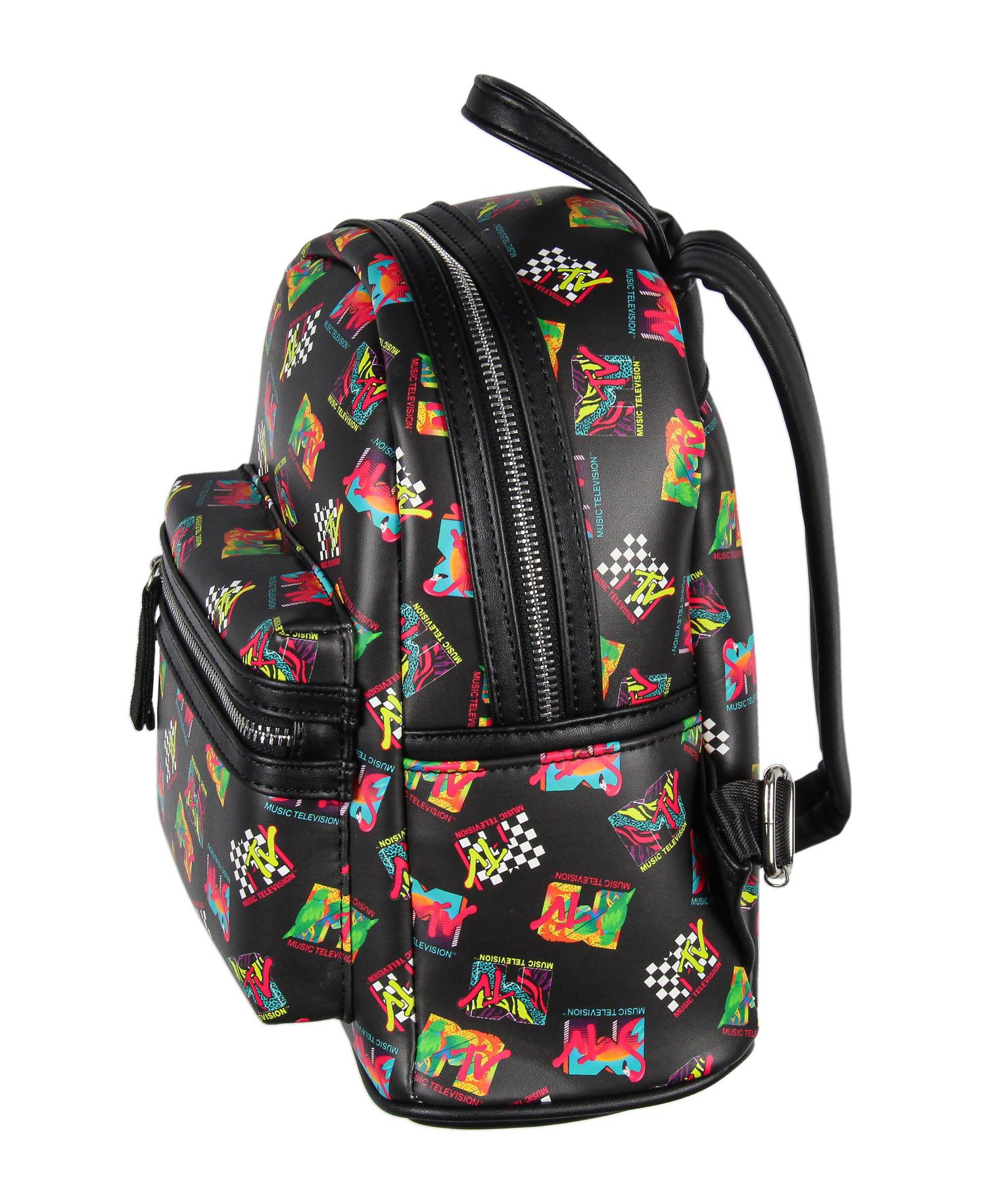 Music Television '80s Logo Tossed Print Zippered Mini Small Backpack Bag 10 Inch.