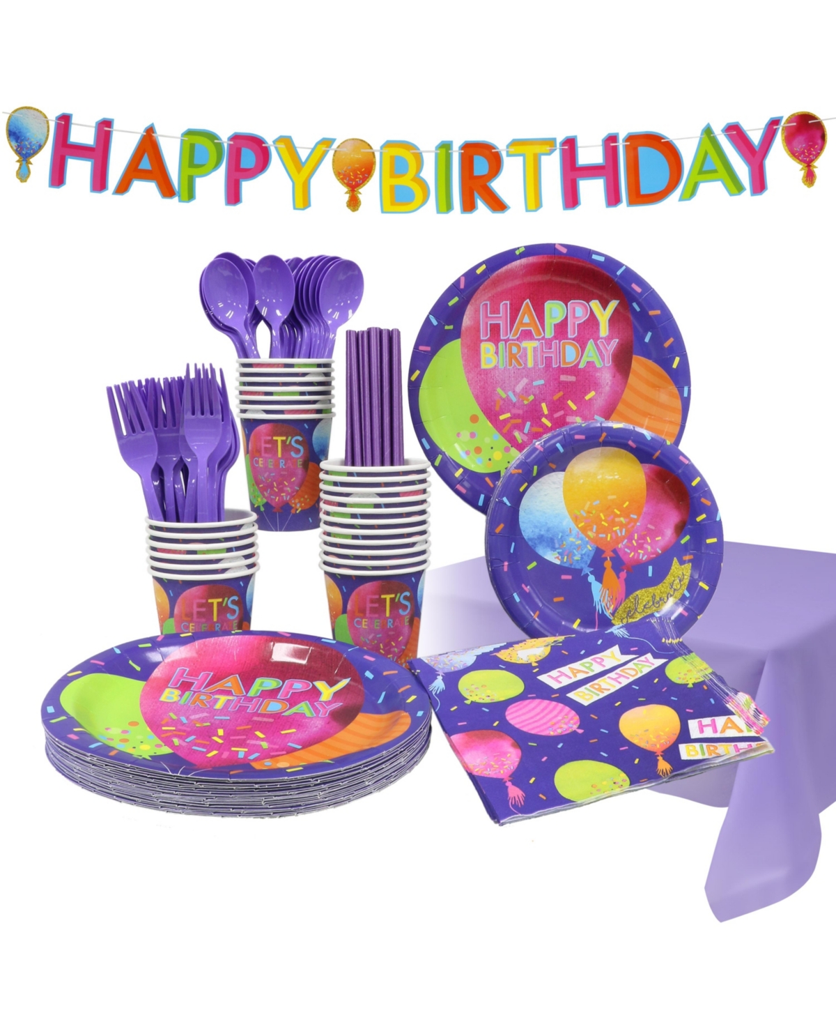Puleo Disposable Birthday Party Set, Serves 24, With Large And Small Paper Plates, Paper Cups, Straws, Nap In Purple
