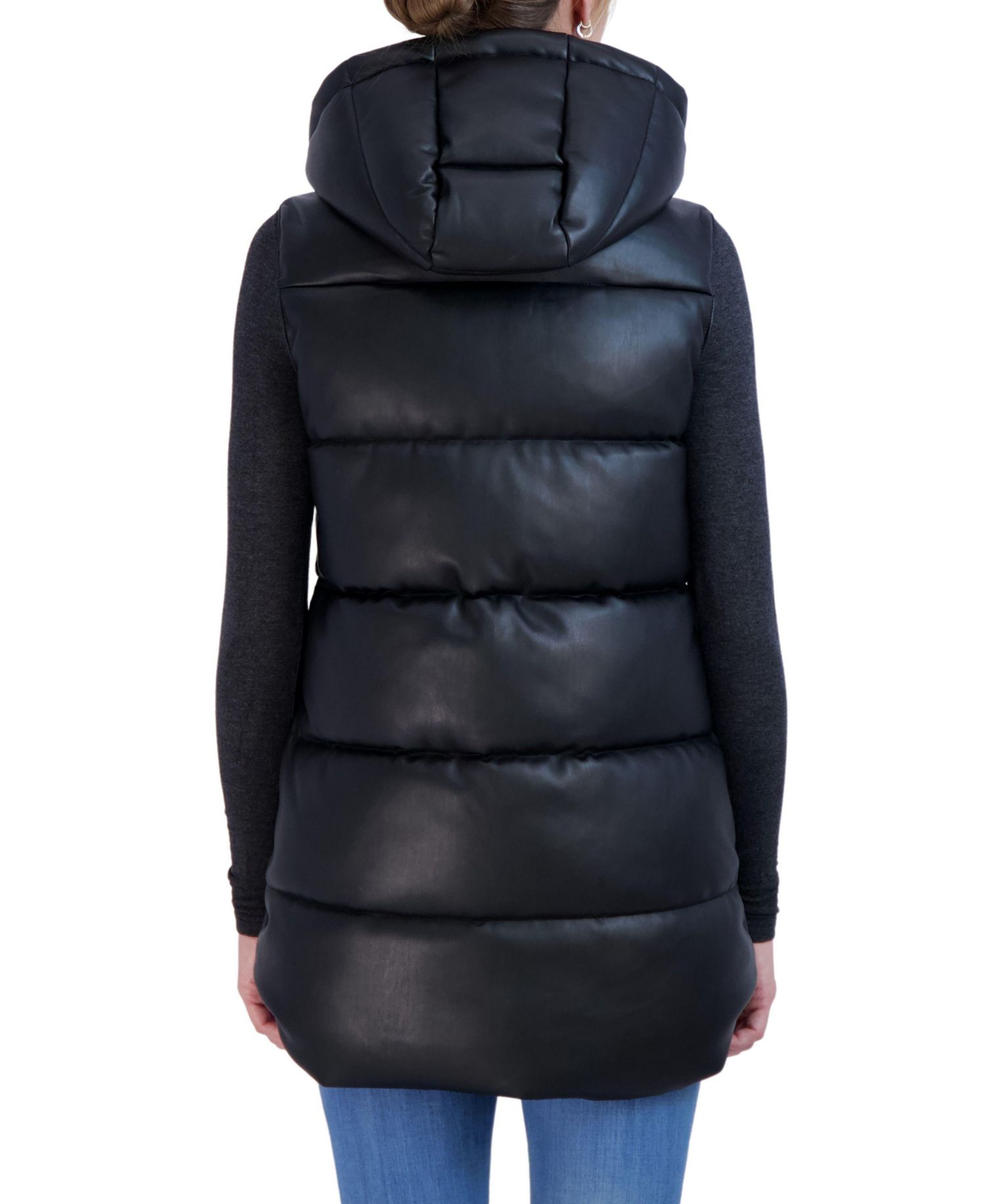 Women's Puffer Faux Leather Vest with Hood
