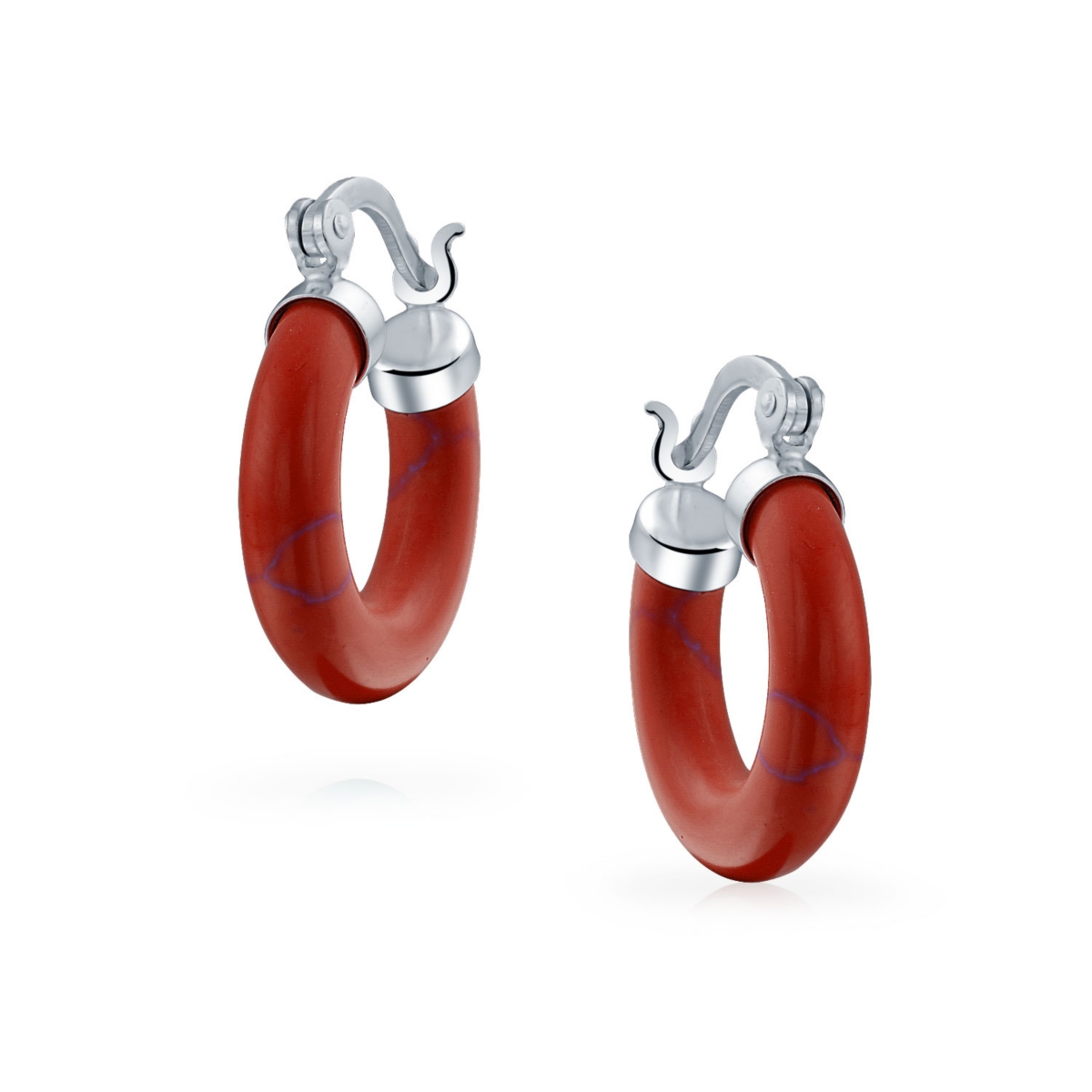 Bling Jewelry EnhancedOrange Natural Coral Blue Turquoise Pink Jade Black Onyx Round Tube Hoop Earrings Sterling Silver .75 In Diameter