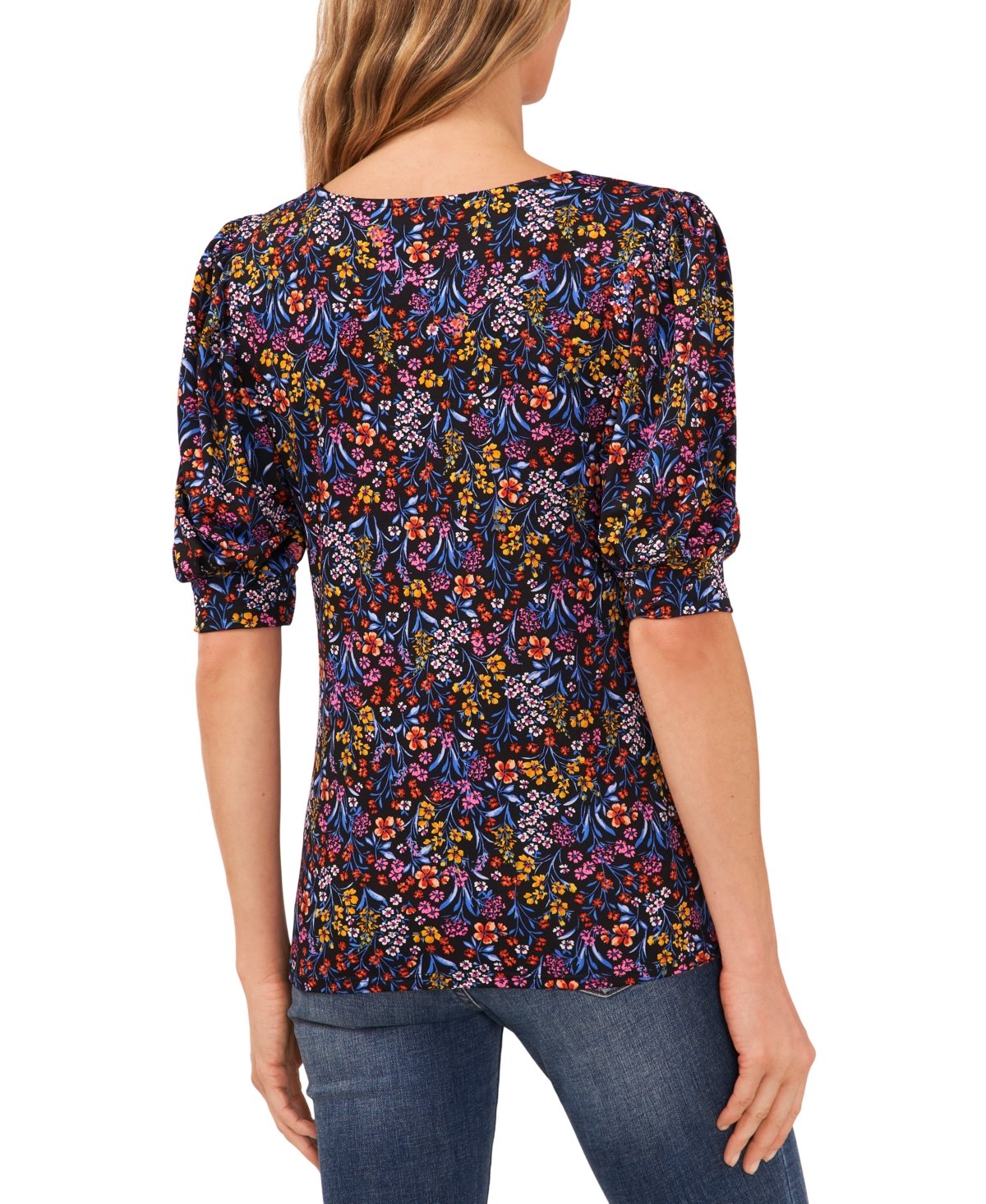 CeCe Women's Floral Print 3/4 Sleeve Scoop Neck Knit Top