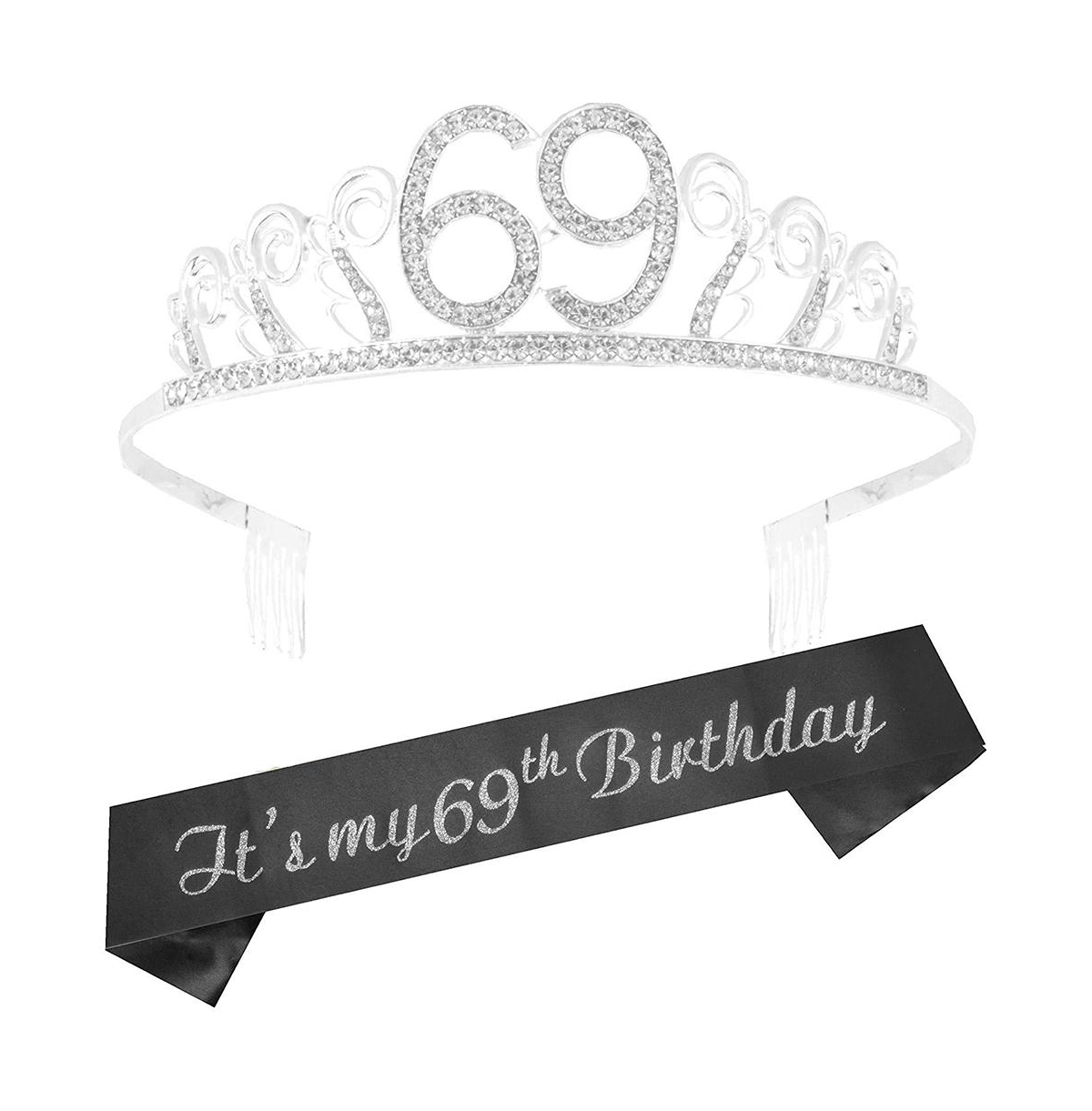 69th Birthday Women's Glitter Sash and Silver Waves Rhinestone Metal Tiara Set - Fabulous Party Accessories and Gift for Her Celebrating 69 Years - Si