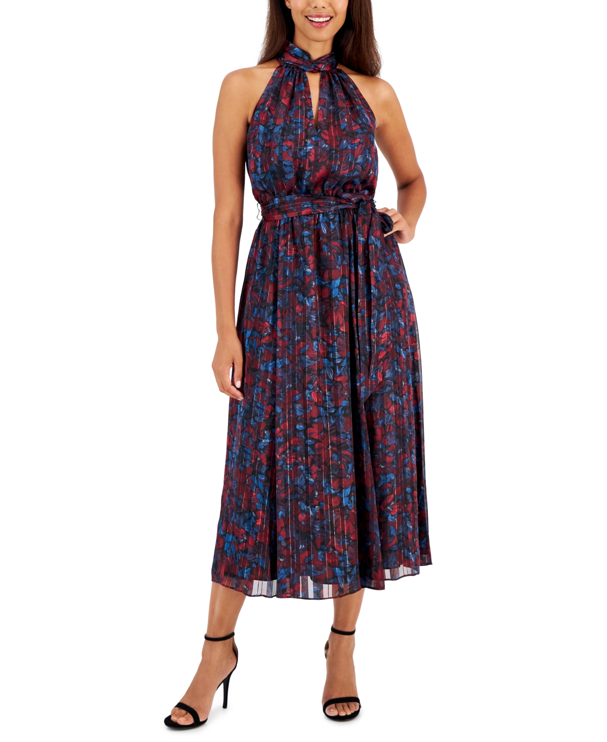 Anne Klein Floral Twist Neck Keyhole Midi Dress In Titian Red/juniper Multi
