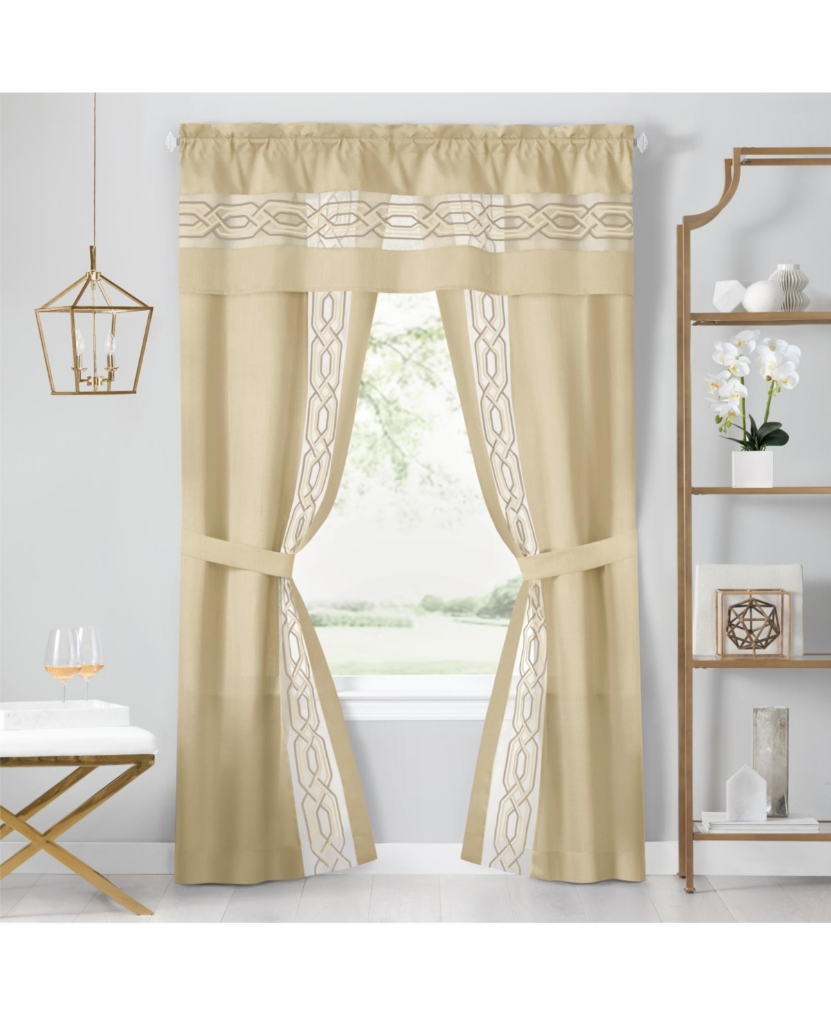 Pacifico 5 Piece Rod Pocket All In One Attached Semi Sheer Window Curtain Panels & Valance Set - Tan