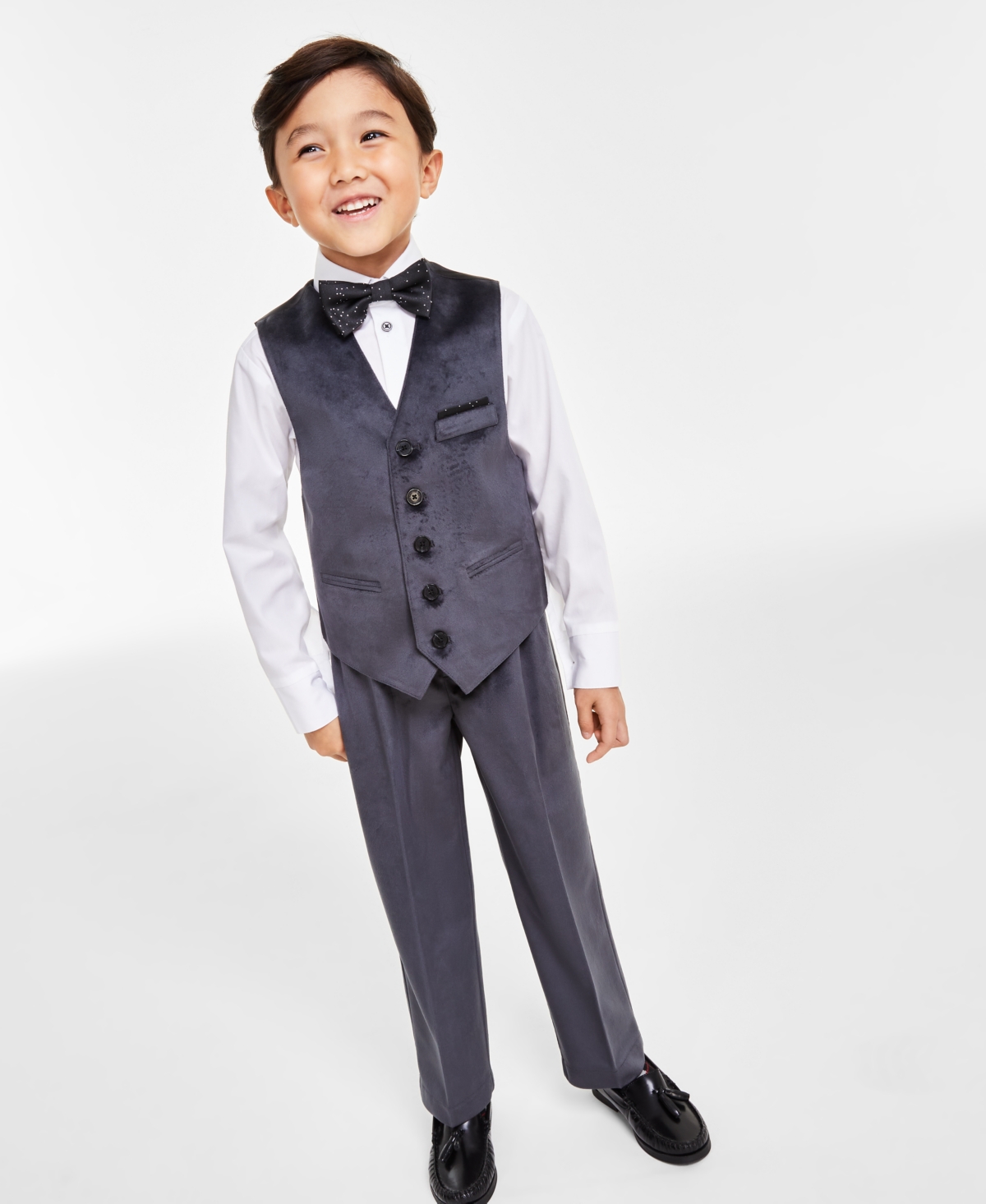 Calvin Klein Kids' Little Boys Dress Shirt, Vest, Pants And Bow-tie, 4 Piece Set In Dark Gray