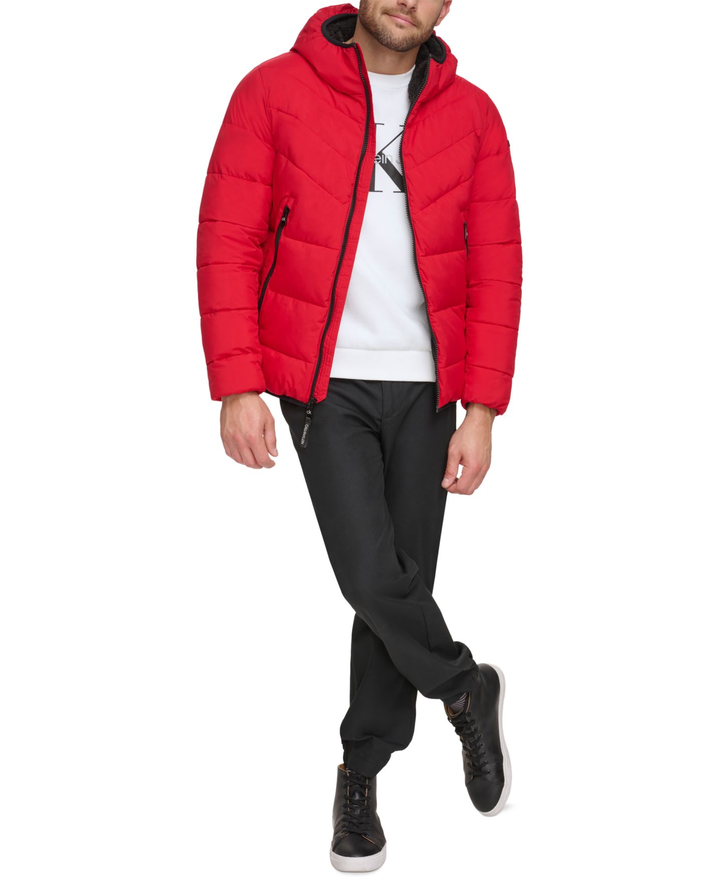 Мужская куртка Calvin Klein Chevron Stretch With Sherpa Lined Hood, цвет: Глубокий красный — фото 3