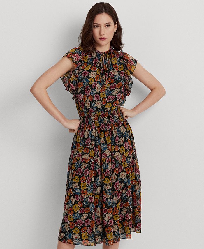 Lauren Ralph Lauren Women's Floral Crinkle Georgette Tie-Neck Dress ...