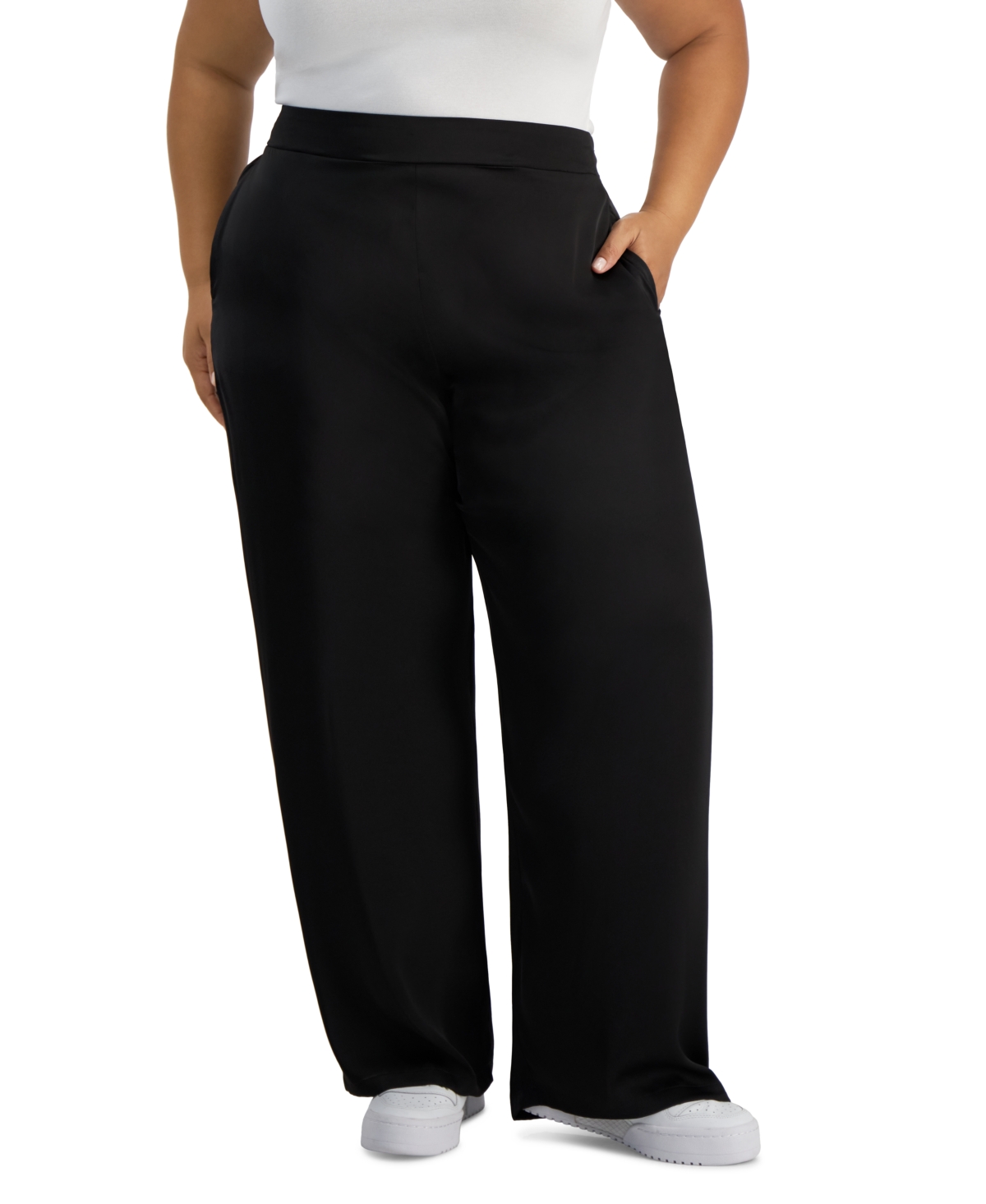 And Now This Trendy Plus Size Satin Wide-leg Pants In Black